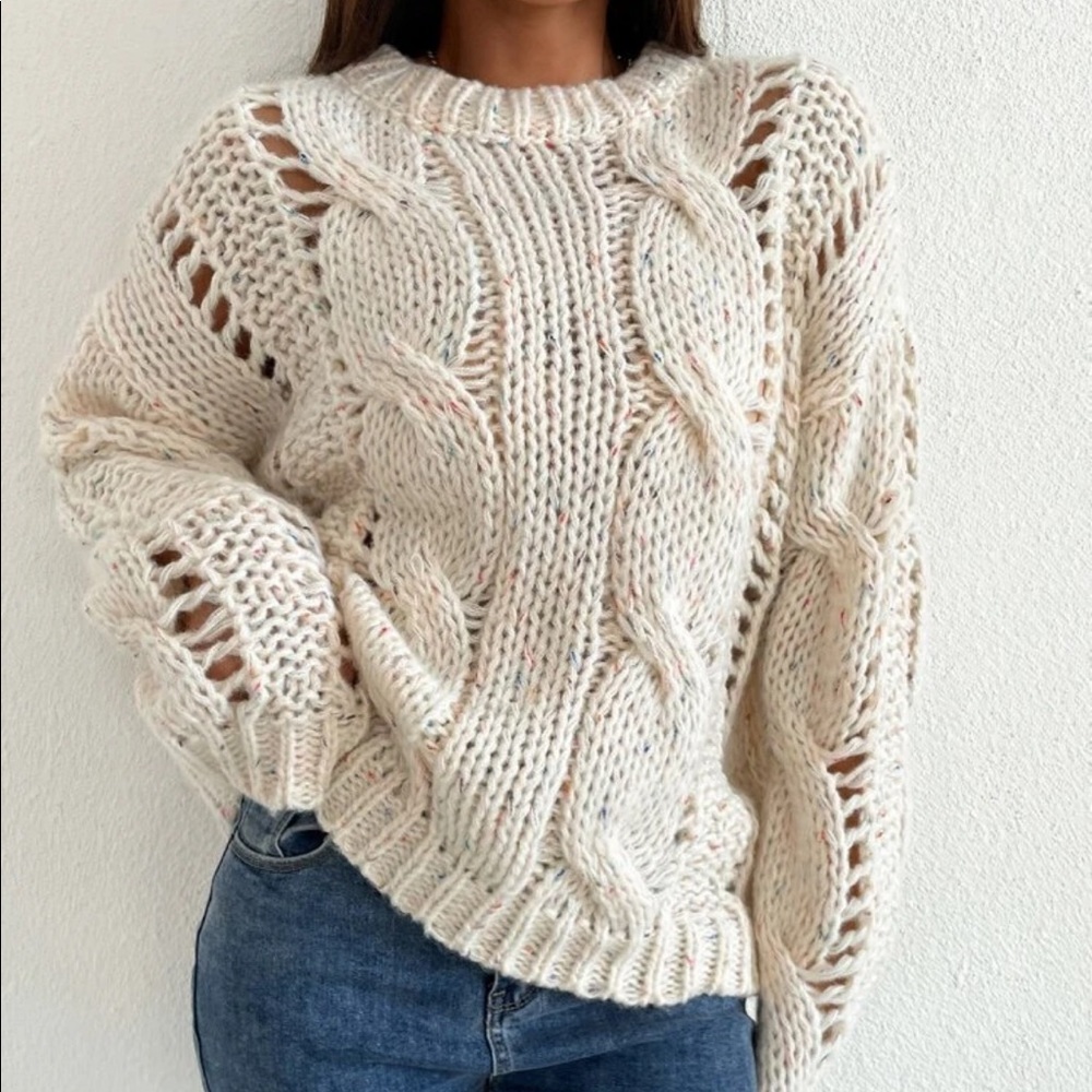 Sweater chunky chic cream white long sleeve crew neck thick cable knit - Picture 1 of 6